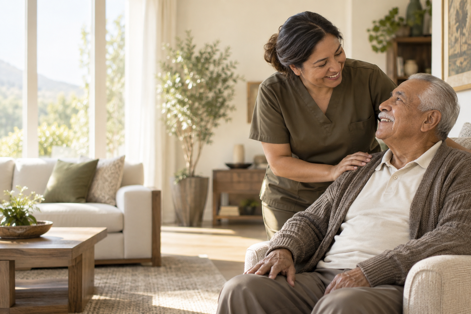Caregiver sharing a warm moment with an older adult at home