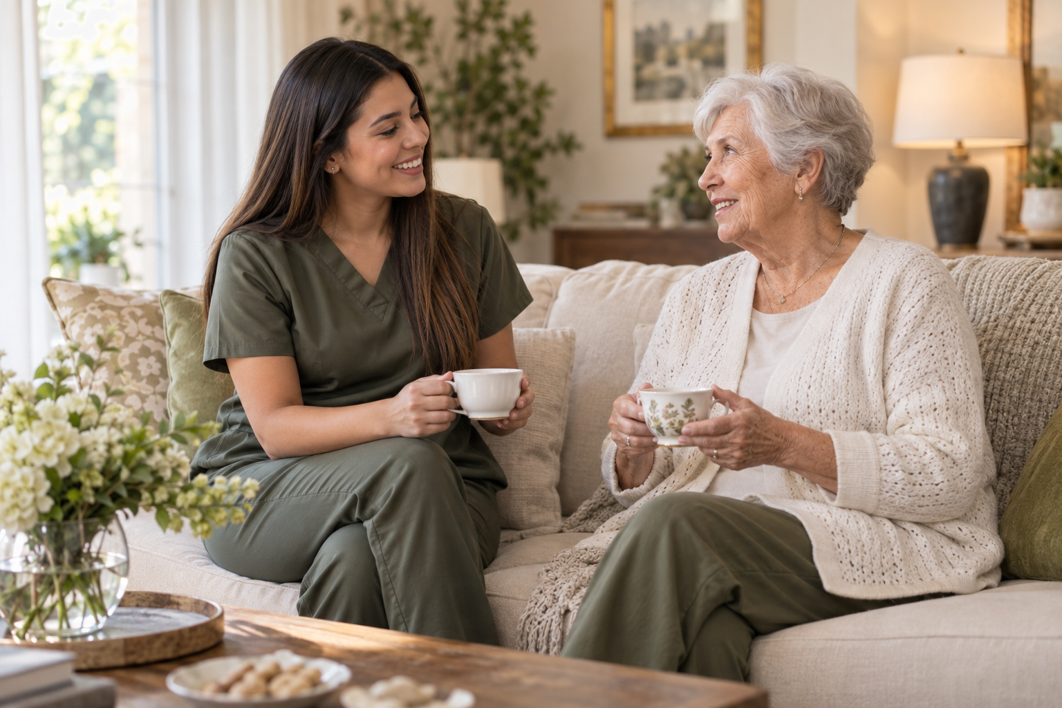 Young Latina caregiver and older woman enjoying a warm conversation at home